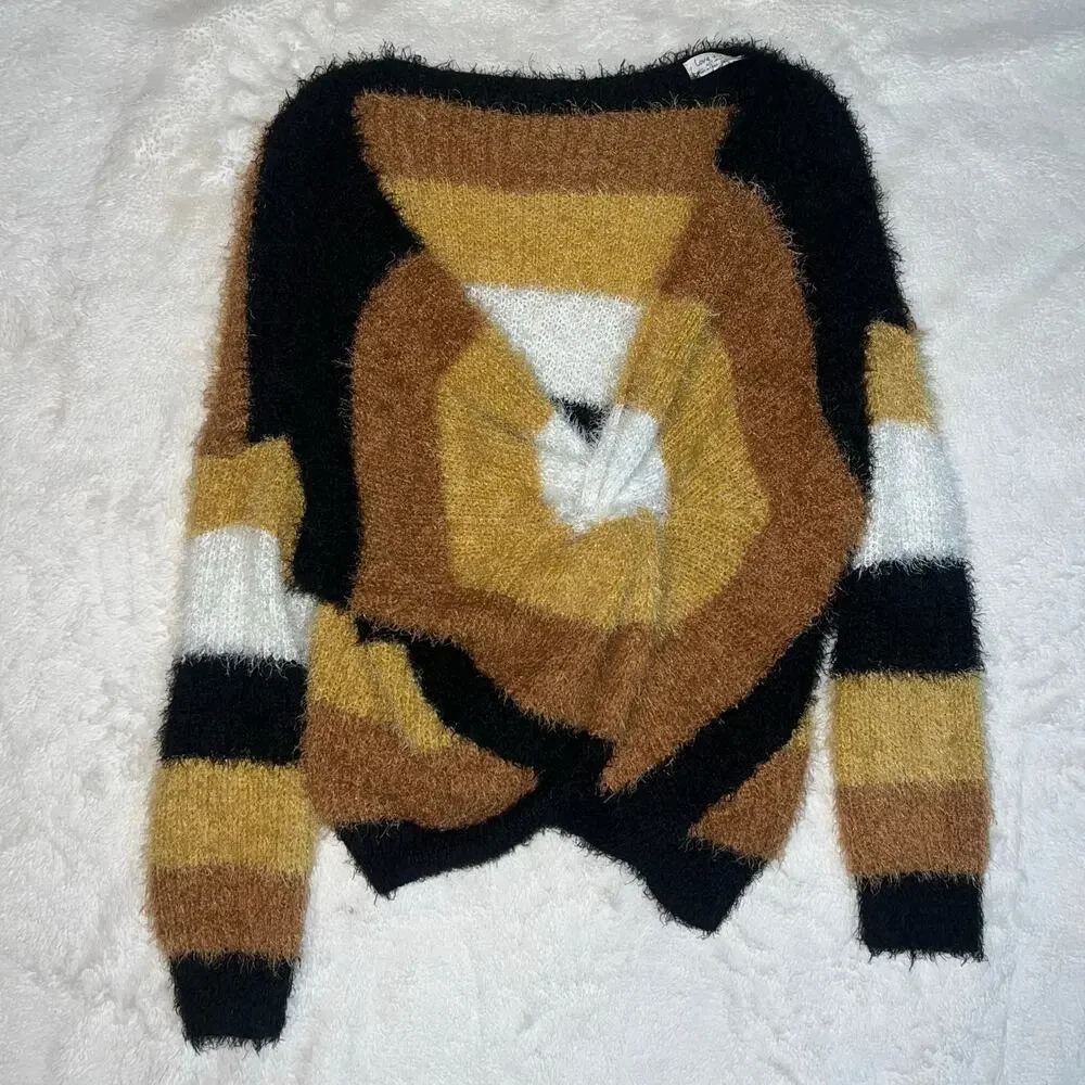 Love + Joy Striped Fuzzy Sweater  Cozy Colorblock Knit Pullover Size Medium